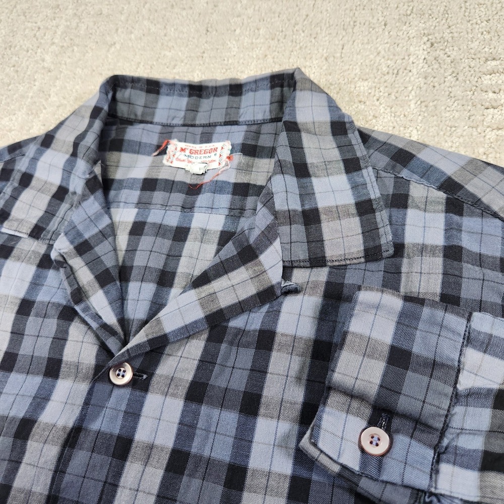 Vintage 50s Loop Collar Shirt Men L USA Made Paper Thin Cotton McGregor Plaid